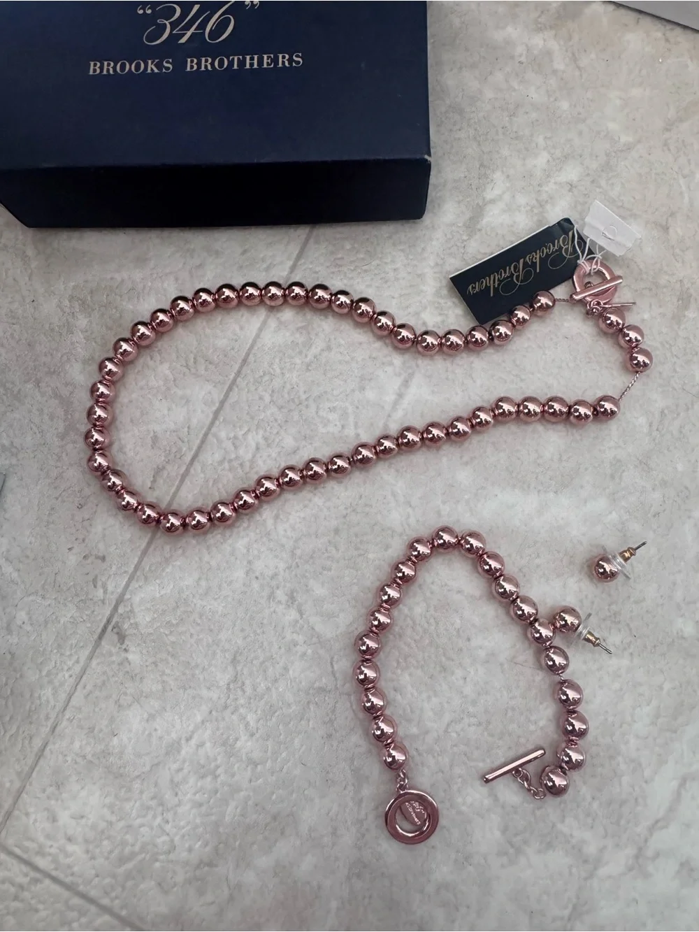 Brooks Brothers Rose Gold Bead Necklace, Bracelet & Stud Earrings Set
